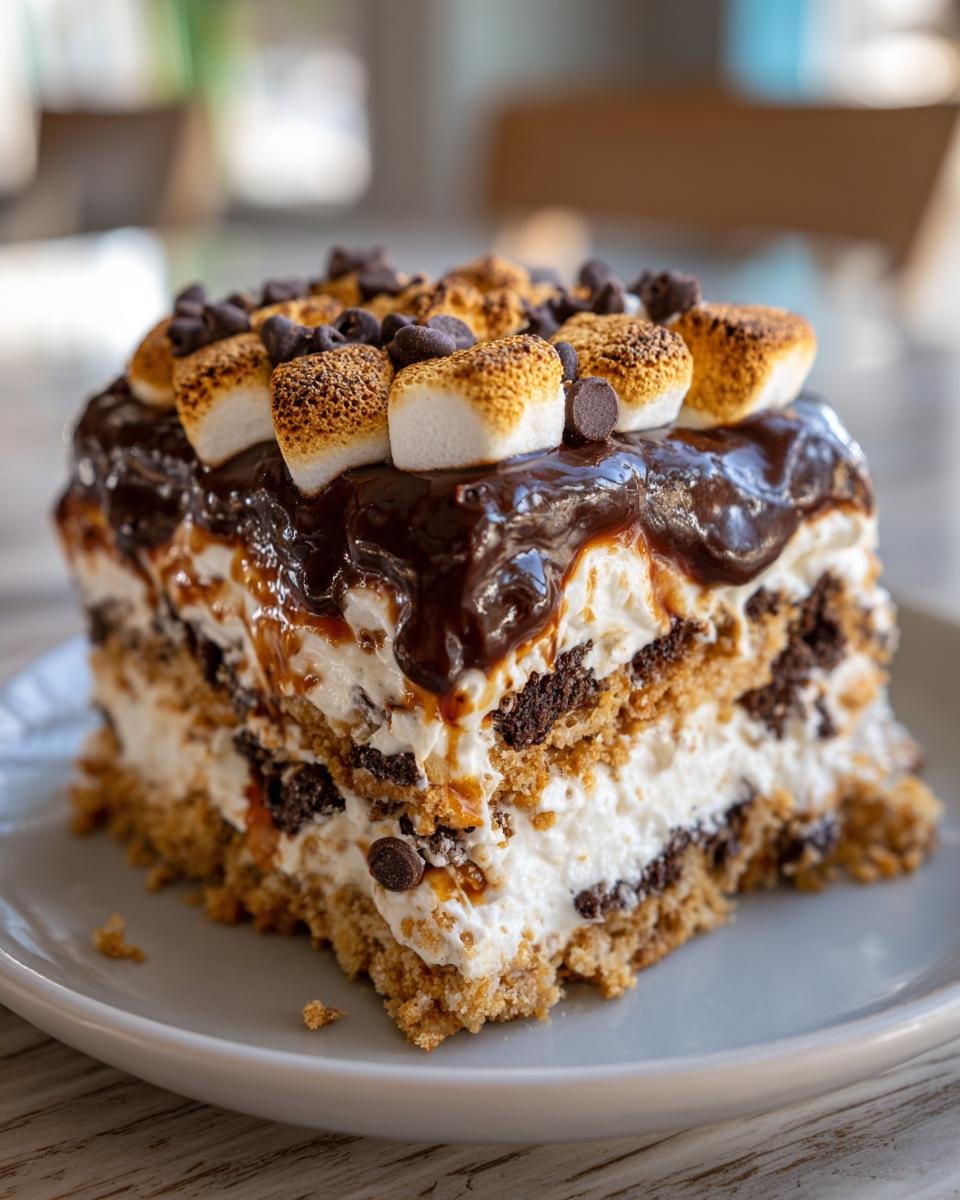 Ein St&uuml;ck S'mores Lasagne mit geschichteten Graham Crackern, cremiger F&uuml;llung, Schokoladenst&uuml;ckchen und ger&ouml;steten Marshmallows.
