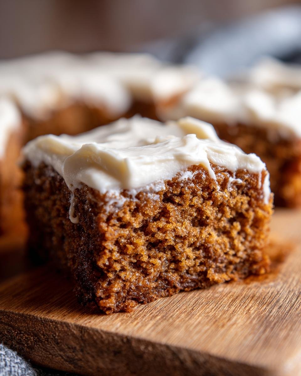 Nahaufnahme eines saftigen Bananen-Riegels mit cremigem Frischk&auml;se-Frosting auf einem Holzbrett.