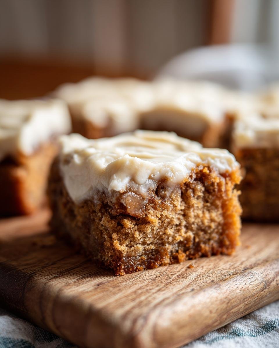 Nahaufnahme eines saftigen Bananen-Riegels mit cremigem Frischk&auml;se-Frosting auf einem Holzbrett.