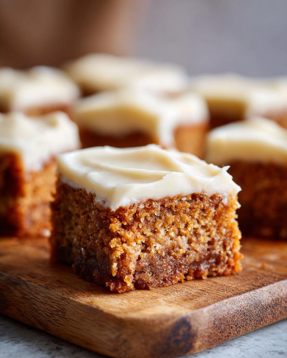 Nahaufnahme eines saftigen Bananen-Riegels mit cremigem Frischk&auml;se-Frosting auf einem Holzbrett.