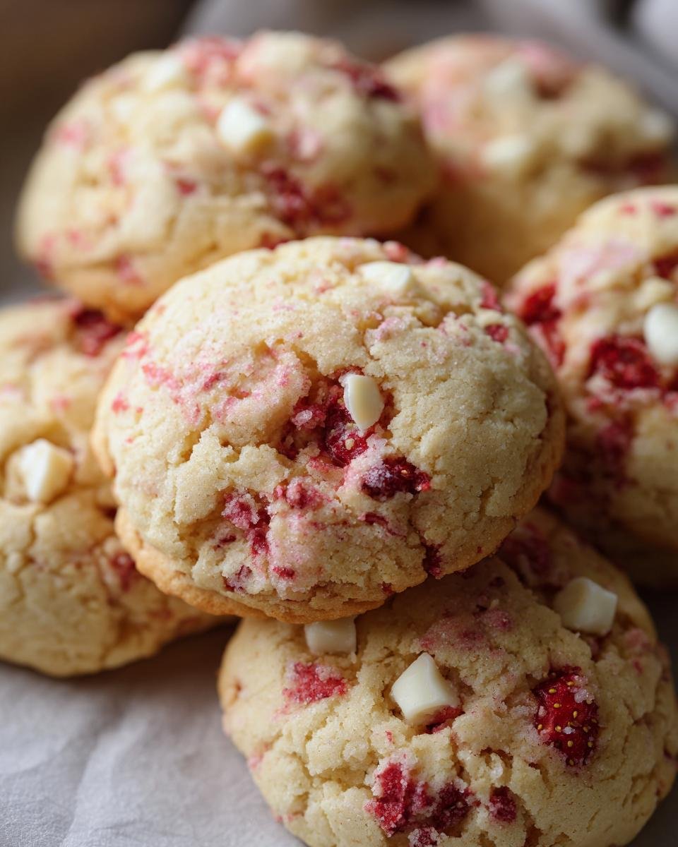 Nahaufnahme von saftigen Erdbeer-Shortcake-Keksen mit wei&szlig;en Schokoladenst&uuml;ckchen.