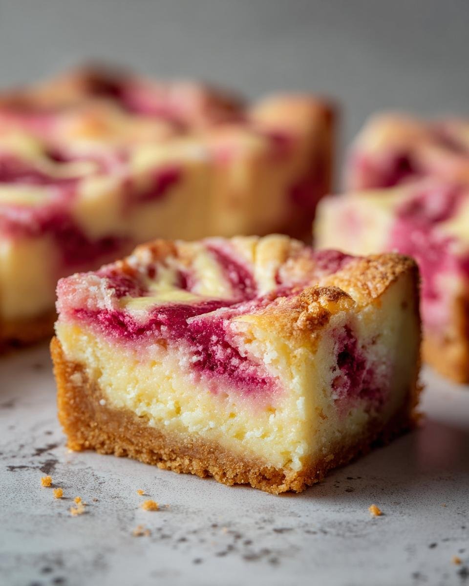 Nahaufnahme eines St&uuml;cks saftiger Rhabarber-Pudding-Riegel mit cremigem Pudding und Rhabarberwirbeln.