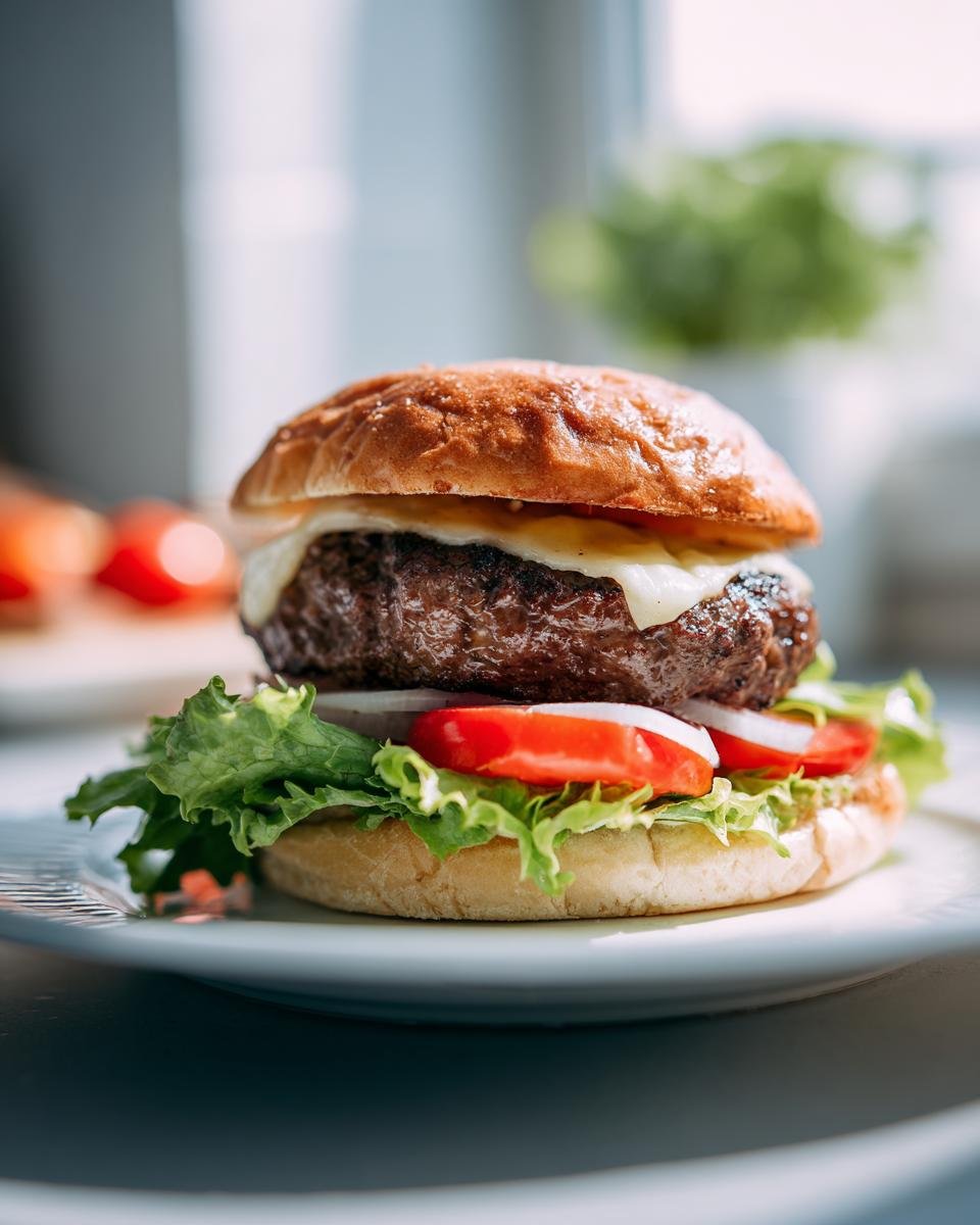 Ein perfekt gegrillter Burger mit geschmolzenem K&auml;se, frischem Salat, Tomaten und Zwiebeln auf einem Br&ouml;tchen.
