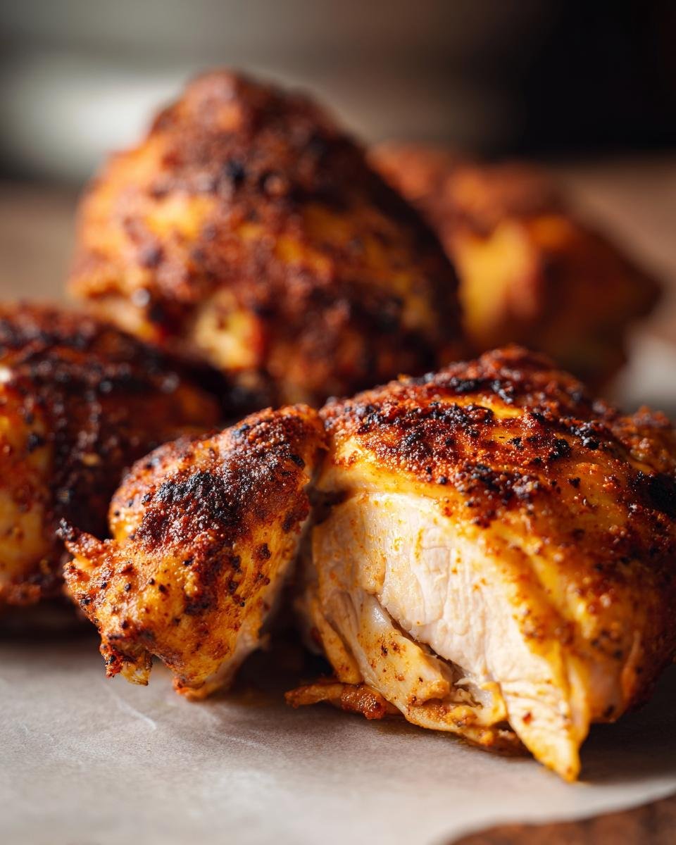 Nahaufnahme von saftigem Cajun H&auml;hnchen mit w&uuml;rziger Kruste, perfekt gegart.