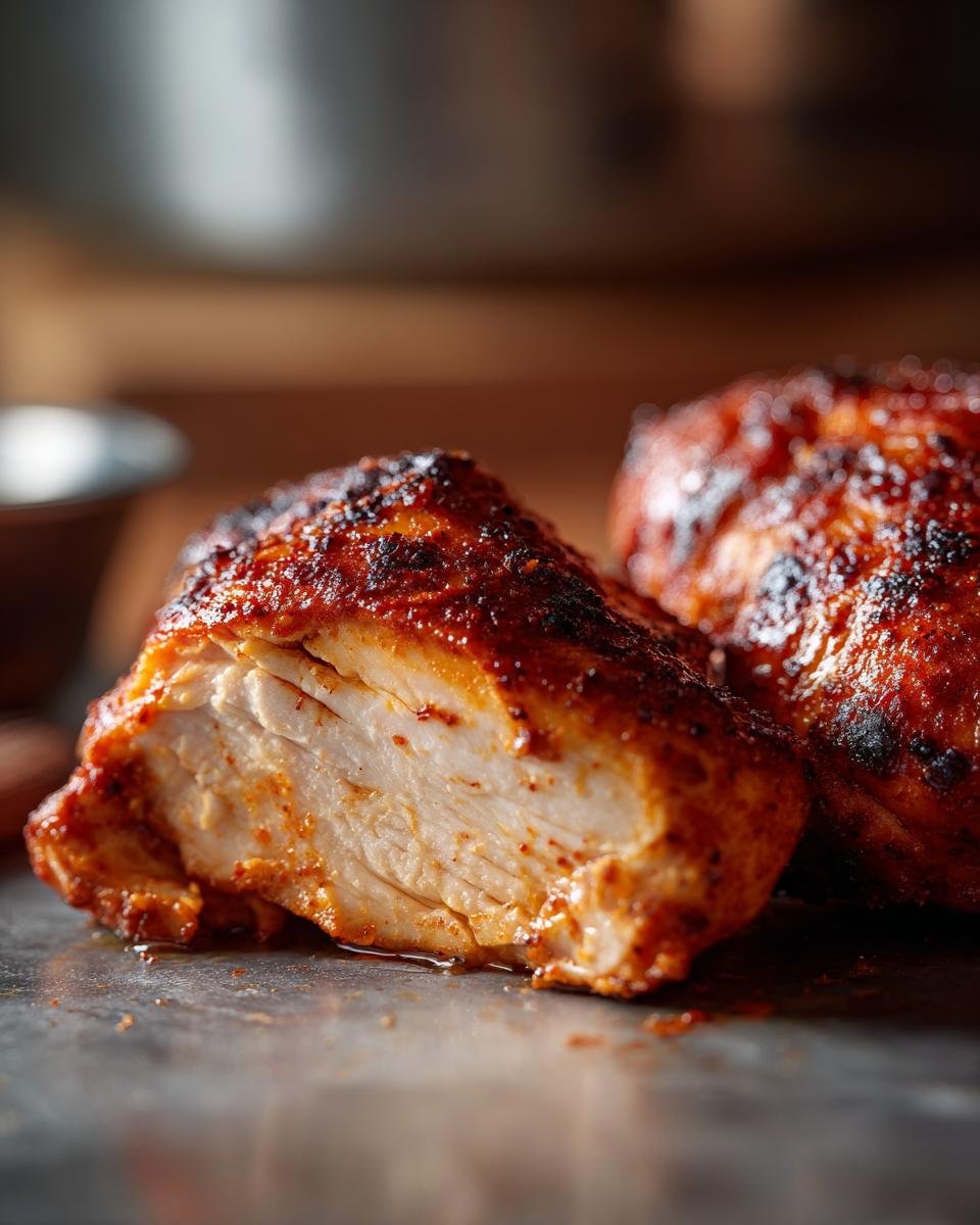 Nahaufnahme eines saftigen Cajun H&auml;hnchens, aufgeschnitten, um das zarte Fleisch und die w&uuml;rzige Kruste zu zeigen.