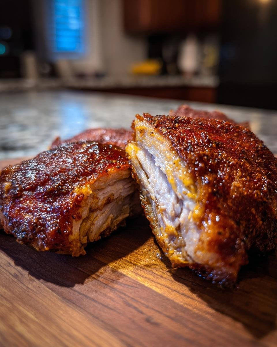 Nahaufnahme von saftigem Cajun H&auml;hnchen, das auf einem Holzbrett liegt, mit einer w&uuml;rzigen Kruste.