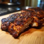 Nahaufnahme von saftigem Cajun H&auml;hnchen auf einem Holzbrett, perfekt gew&uuml;rzt und gebraten.