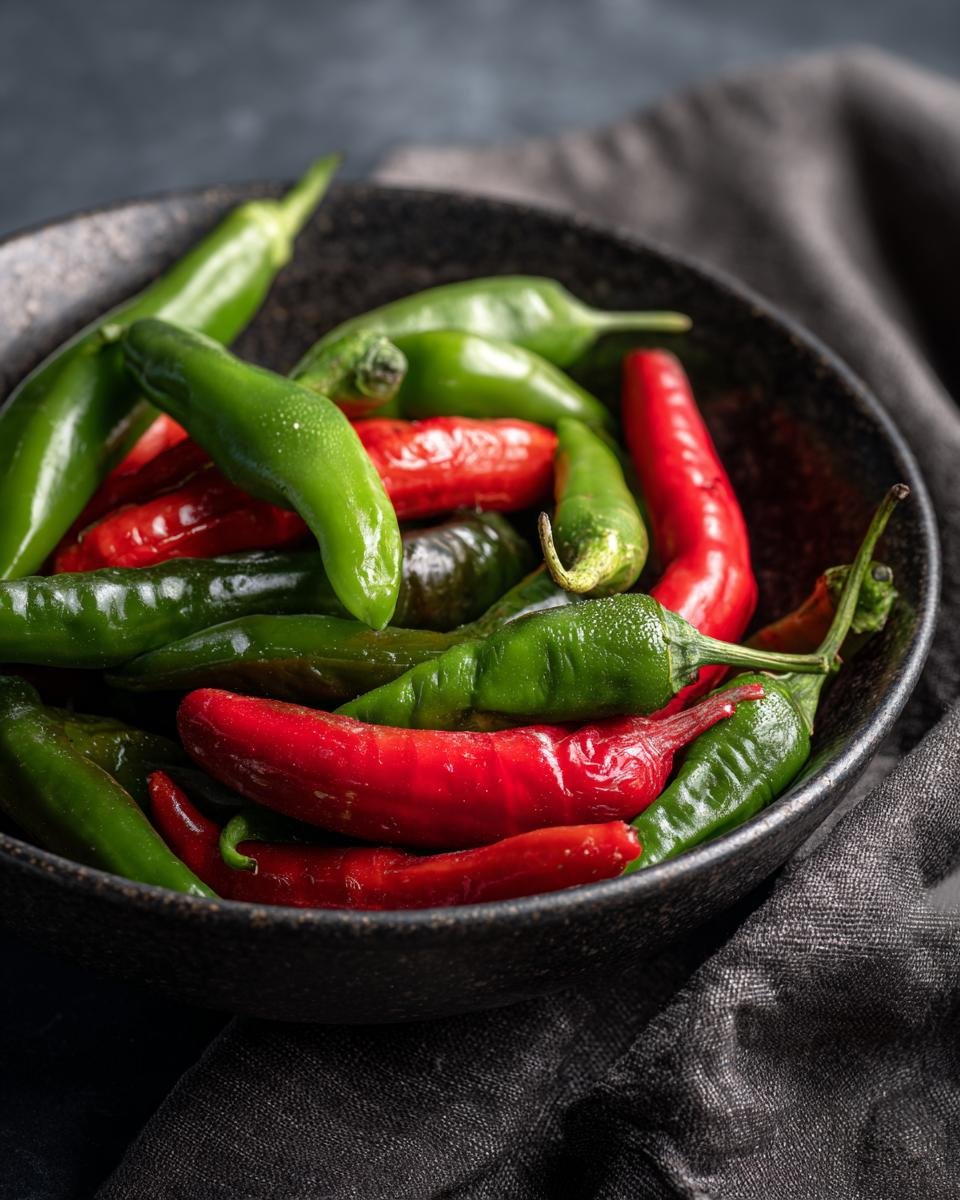 Eine Schale mit roten und gr&uuml;nen Chilis, perfekt f&uuml;r herzhafte Wurst, Paprika und Zwiebeln.