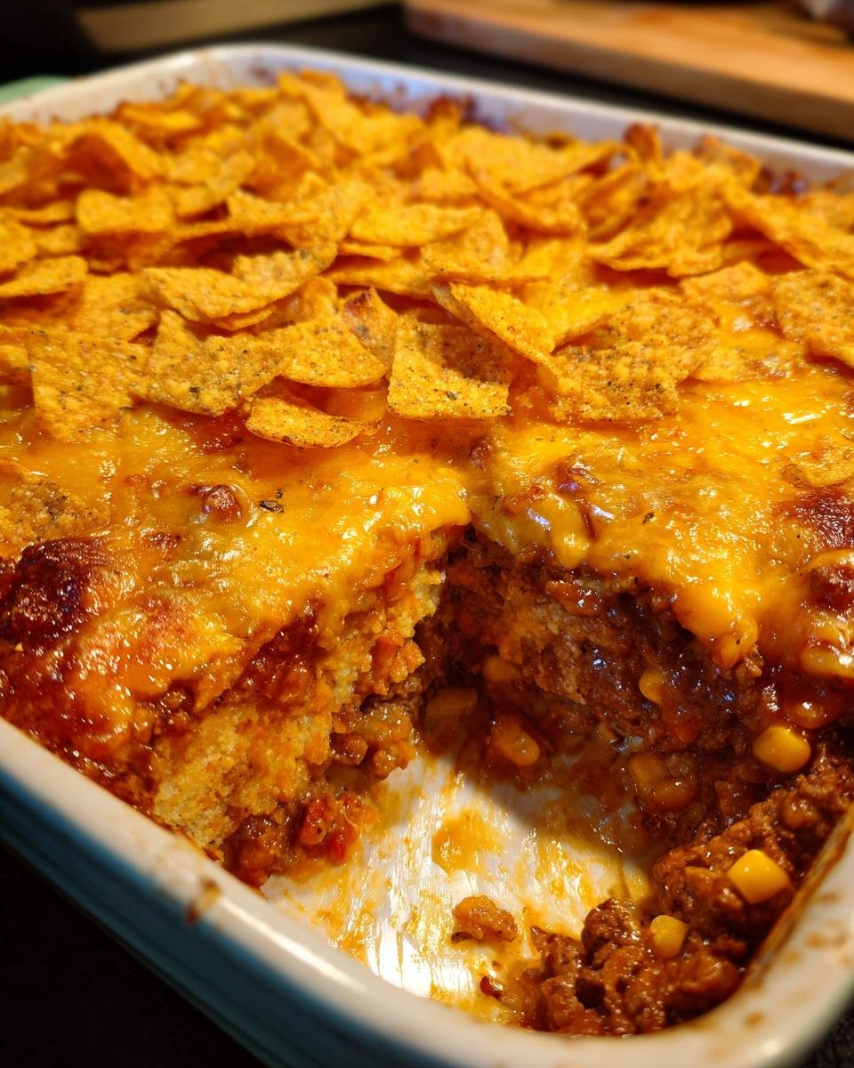 Nahaufnahme eines schnellen Mexican Beef Casserole mit geschmolzenem K&auml;se und Tortilla-Chips.