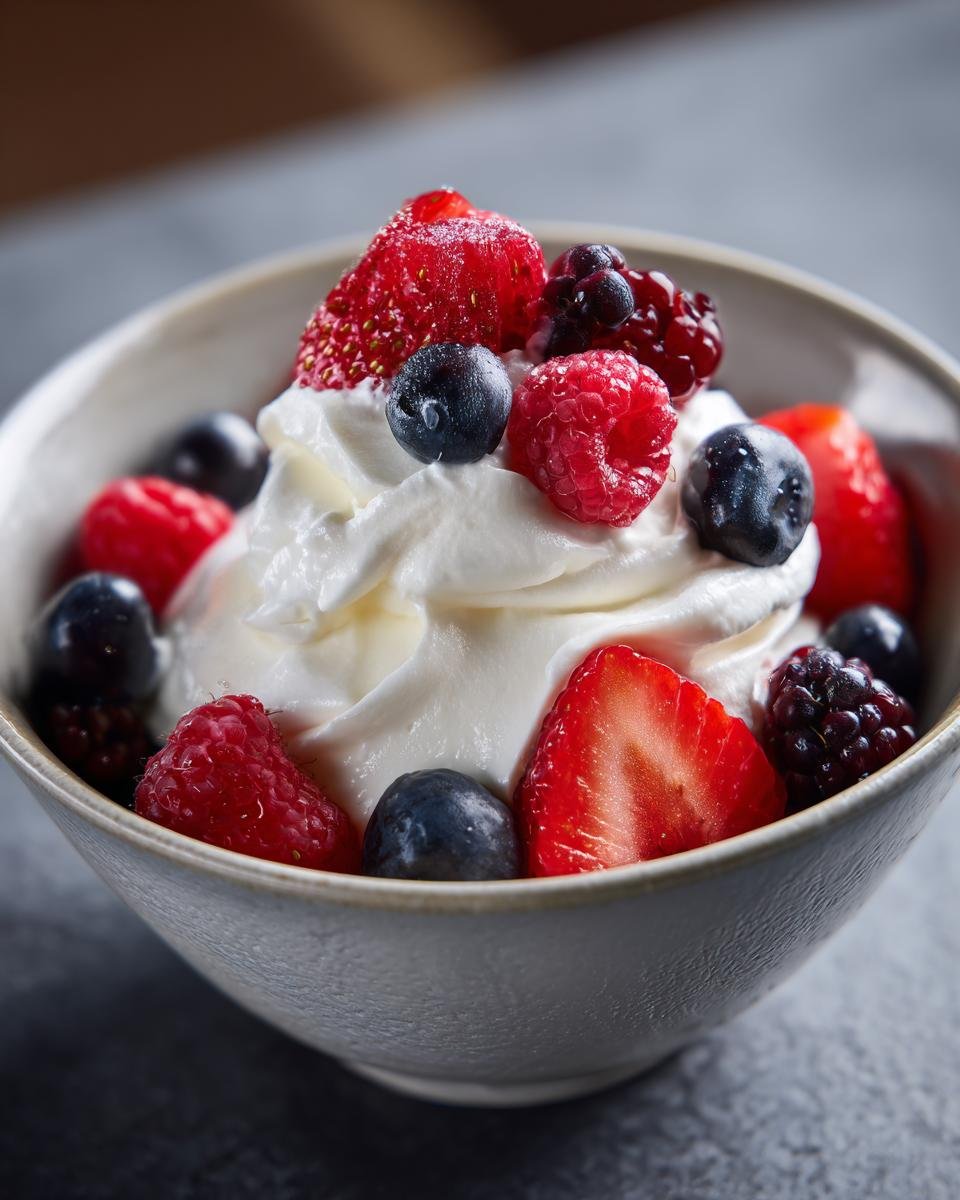 Sch&uuml;ssel mit Schlagsahne und frischen Beeren, ein schnelles und einfaches fabelhaftes Dessert.