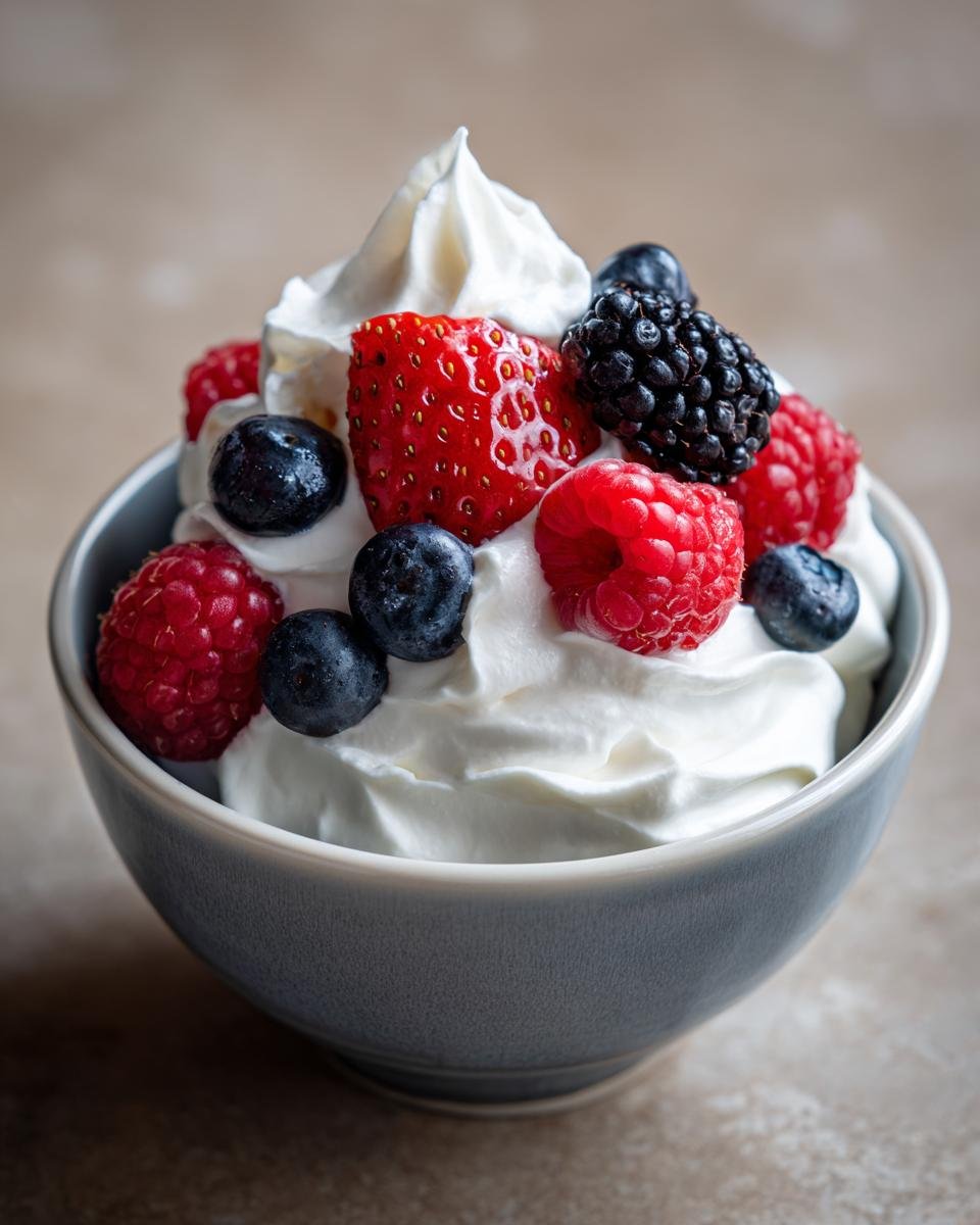 Nahaufnahme einer Sch&uuml;ssel mit Schlagsahne und frischen Beeren, ein schnelles und einfaches fabelhaftes Dessert.