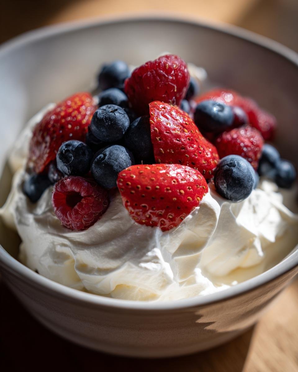 Nahaufnahme einer Schale mit Schlagsahne, garniert mit frischen Erdbeeren, Blaubeeren und Himbeeren f&uuml;r ein schnelles und einfaches fabelhaftes Dessert.