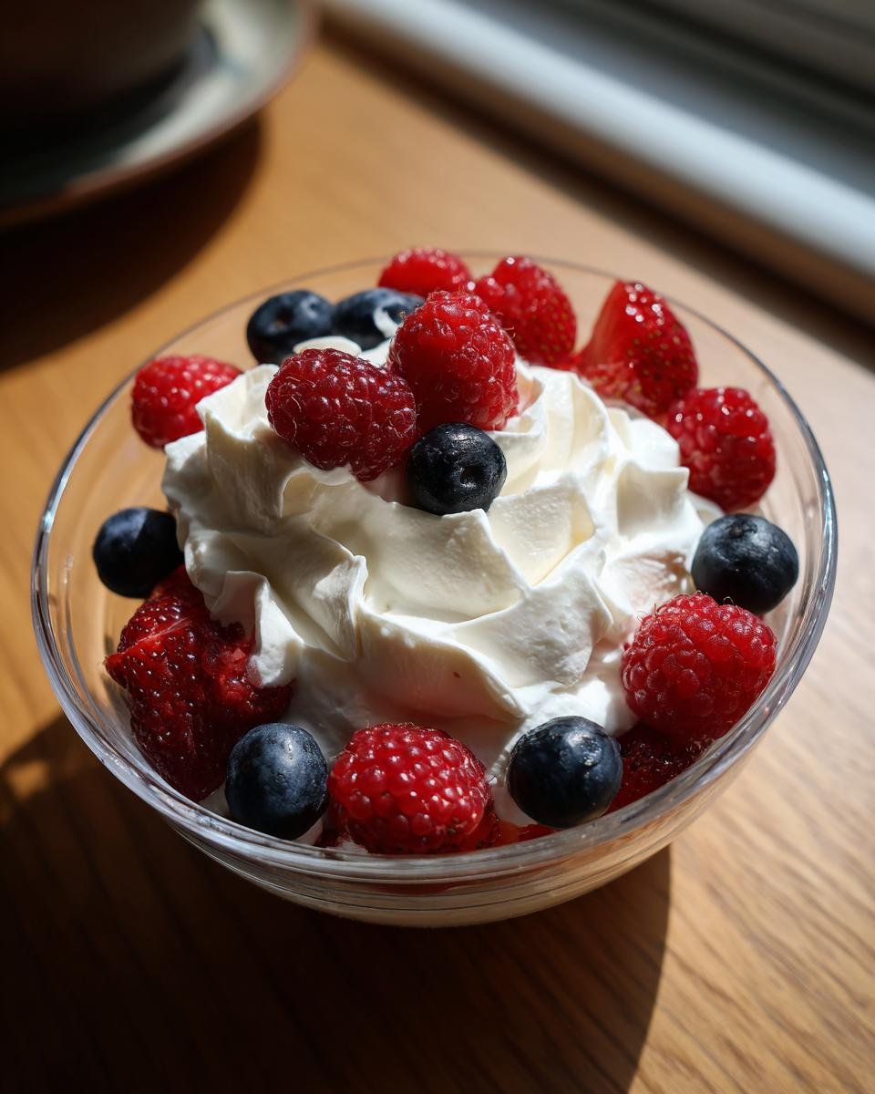 Nahaufnahme eines schnellen und einfachen fabelhaften Desserts mit Schlagsahne und frischen Beeren wie Himbeeren und Blaubeeren.