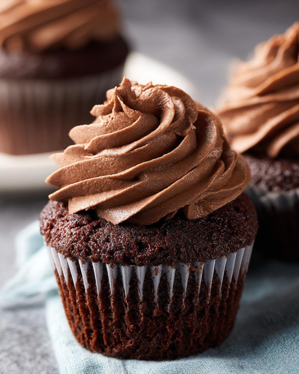 Nahaufnahme eines saftigen Schoko-Kaffee-Sahne-Cupcakes mit &uuml;ppiger Schokoladencreme-Glasur.