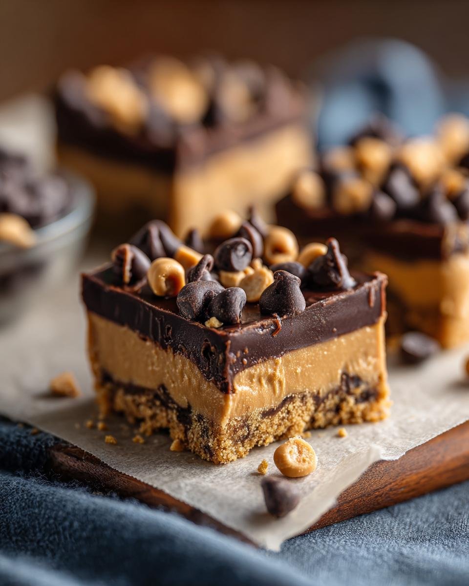 Nahaufnahme eines Schokoladen-Erdnussbutter-Riegels, einer von vier k&ouml;stlichen Leckereien ohne Backen, mit Schokosplittern und Erdn&uuml;ssen garniert.