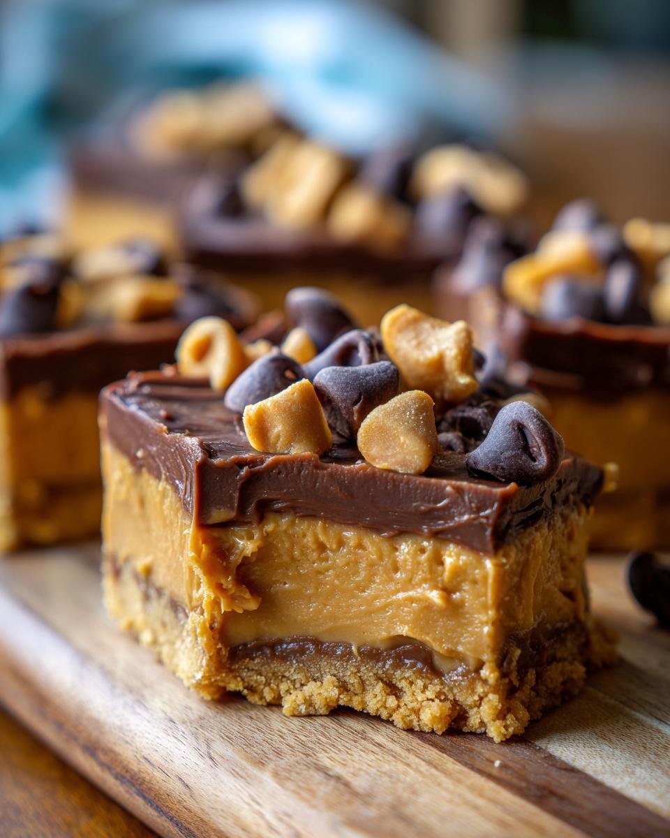 Nahaufnahme eines Schokoladen-Erdnussbutter-Riegels, eines von vier k&ouml;stlichen Leckereien ohne Backen, mit Schokosplittern und Erdnussst&uuml;cken.