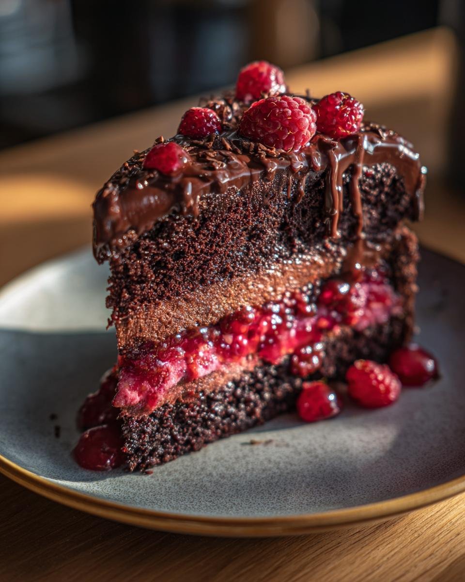 Ein St&uuml;ck reicher Schokoladen-Himbeer-Kuchen mit Schokoladenglasur und frischen Himbeeren.