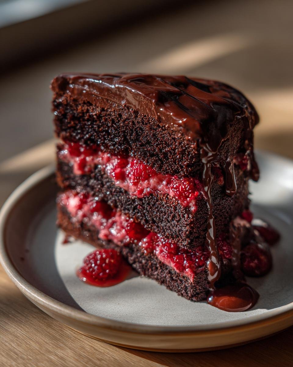 Ein St&uuml;ck Schokoladen-Himbeer-Kuchen mit Schokoladenglasur und frischen Himbeeren.