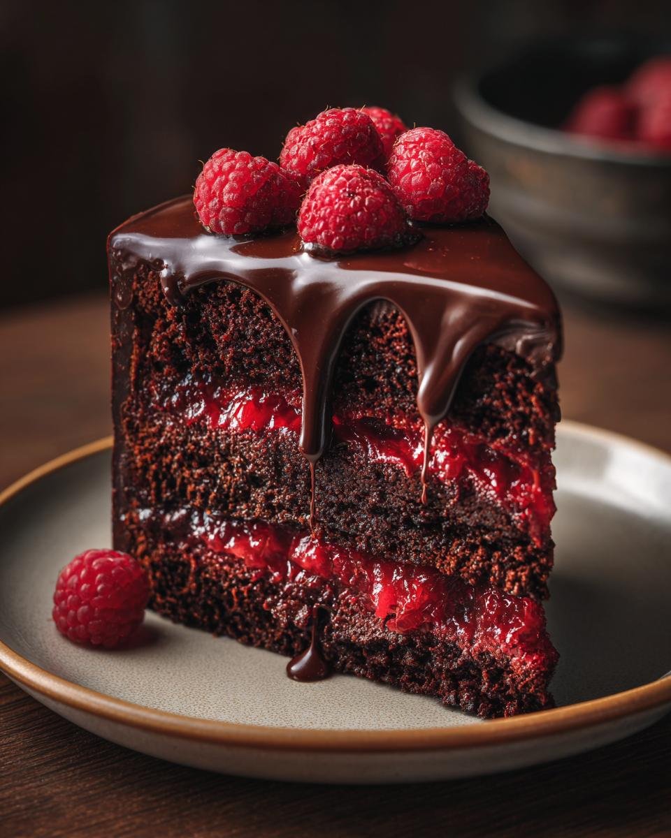 Ein saftiges St&uuml;ck Schokoladen-Himbeer-Kuchen mit Schokoladenglasur und frischen Himbeeren.