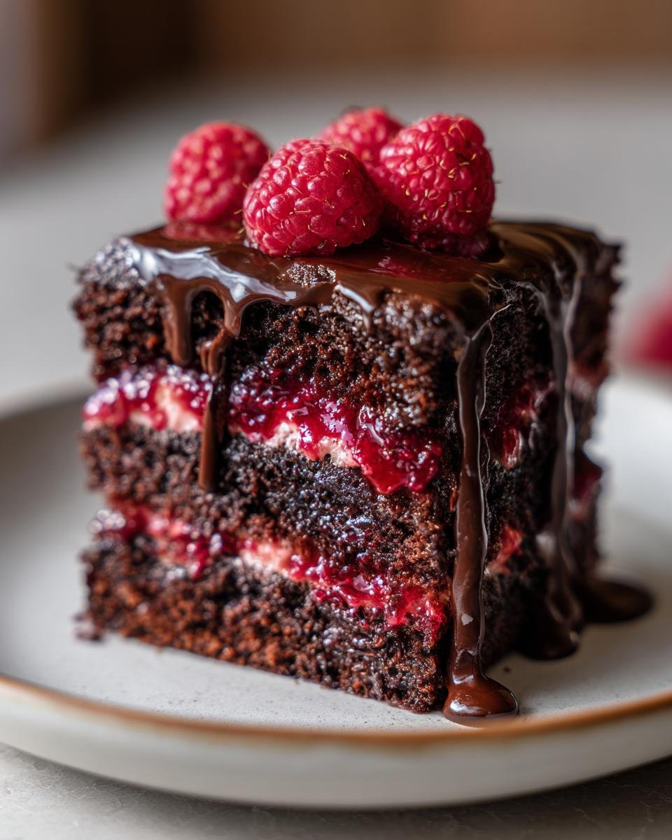 Ein St&uuml;ck Schokoladen-Himbeer-Kuchen mit frischen Himbeeren und Schokoladenglasur.