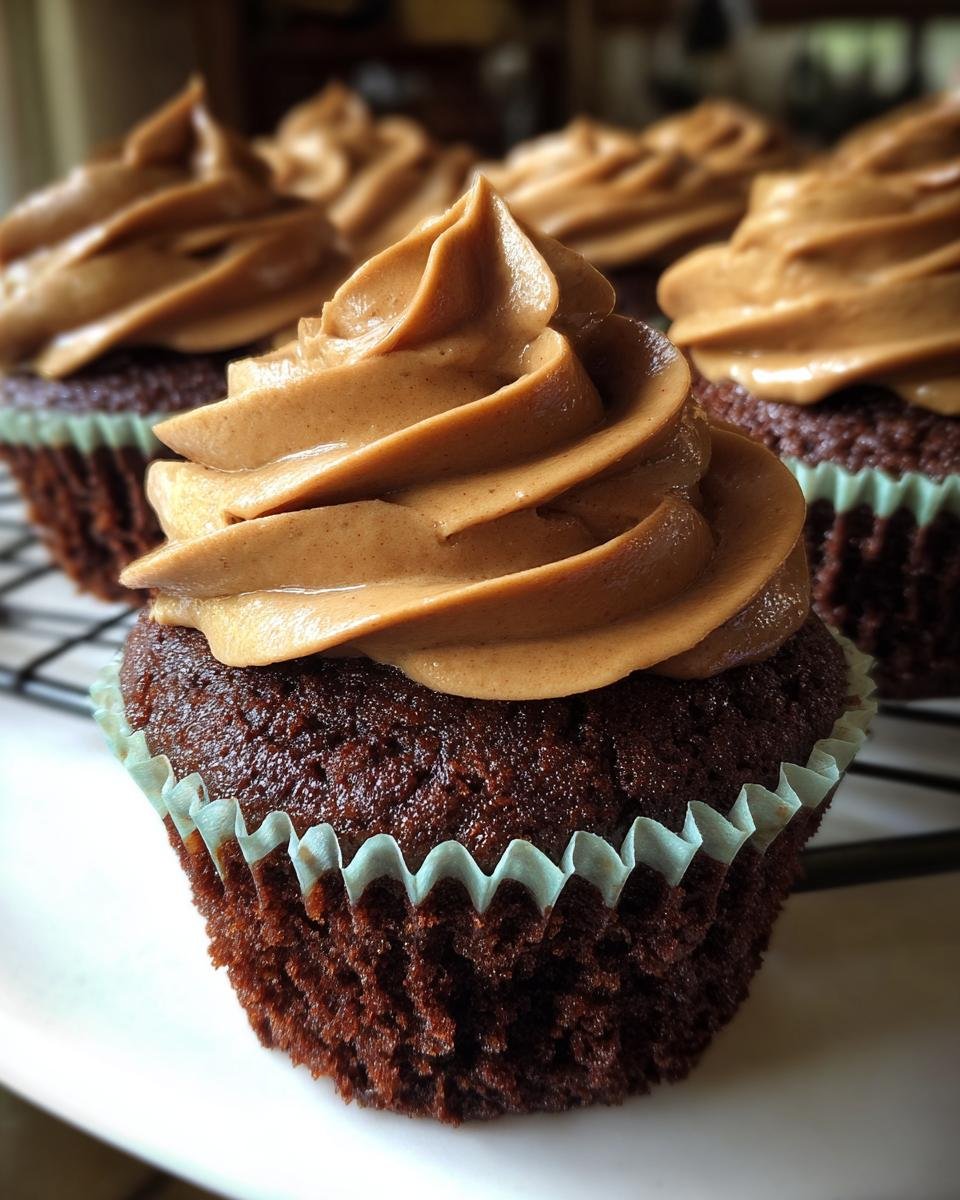 Nahaufnahme von Schokoladen Kaffee Sahne Cupcakes mit cremiger Kaffeefrosting-Haube.