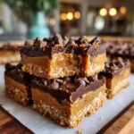 Gestapelte Schokoladen-Karamell-Riegel mit Schokoladenst&uuml;ckchen und karamelliger F&uuml;llung, Teil der 4 k&ouml;stlichen Leckereien ohne Backen.