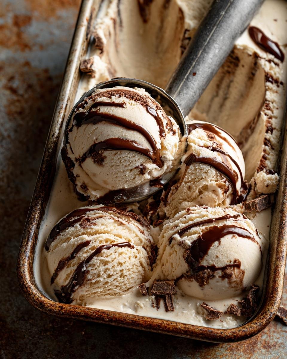 Nahaufnahme von Schokoladen-Swirl-Eiscreme, mit Schokoladensauce betr&auml;ufelt und Schokoladenst&uuml;ckchen garniert, in einer Metallsch&uuml;ssel.