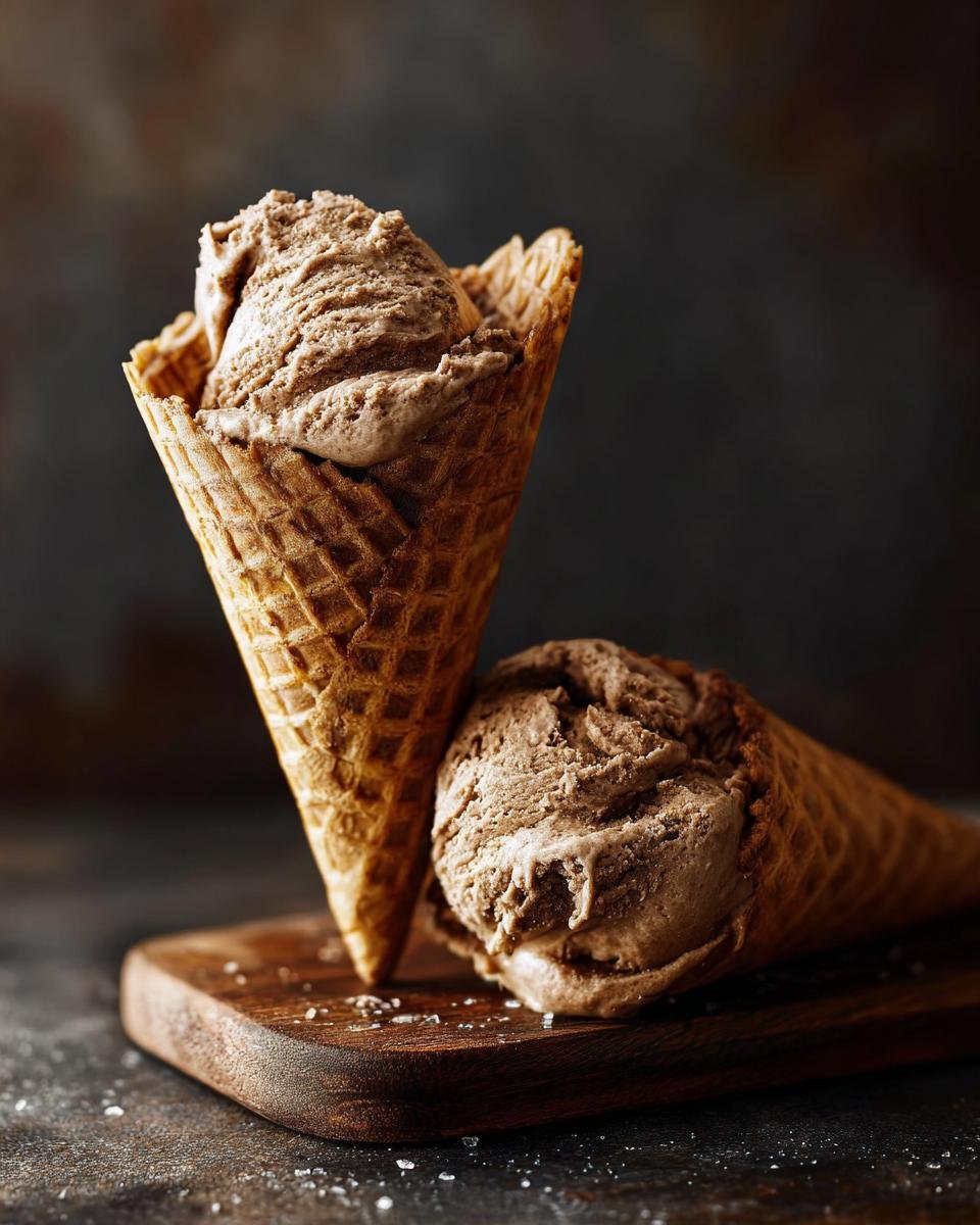 Zwei Waffelh&ouml;rnchen gef&uuml;llt mit cremigem Schokoladeneis, auf einem Holzbrett.