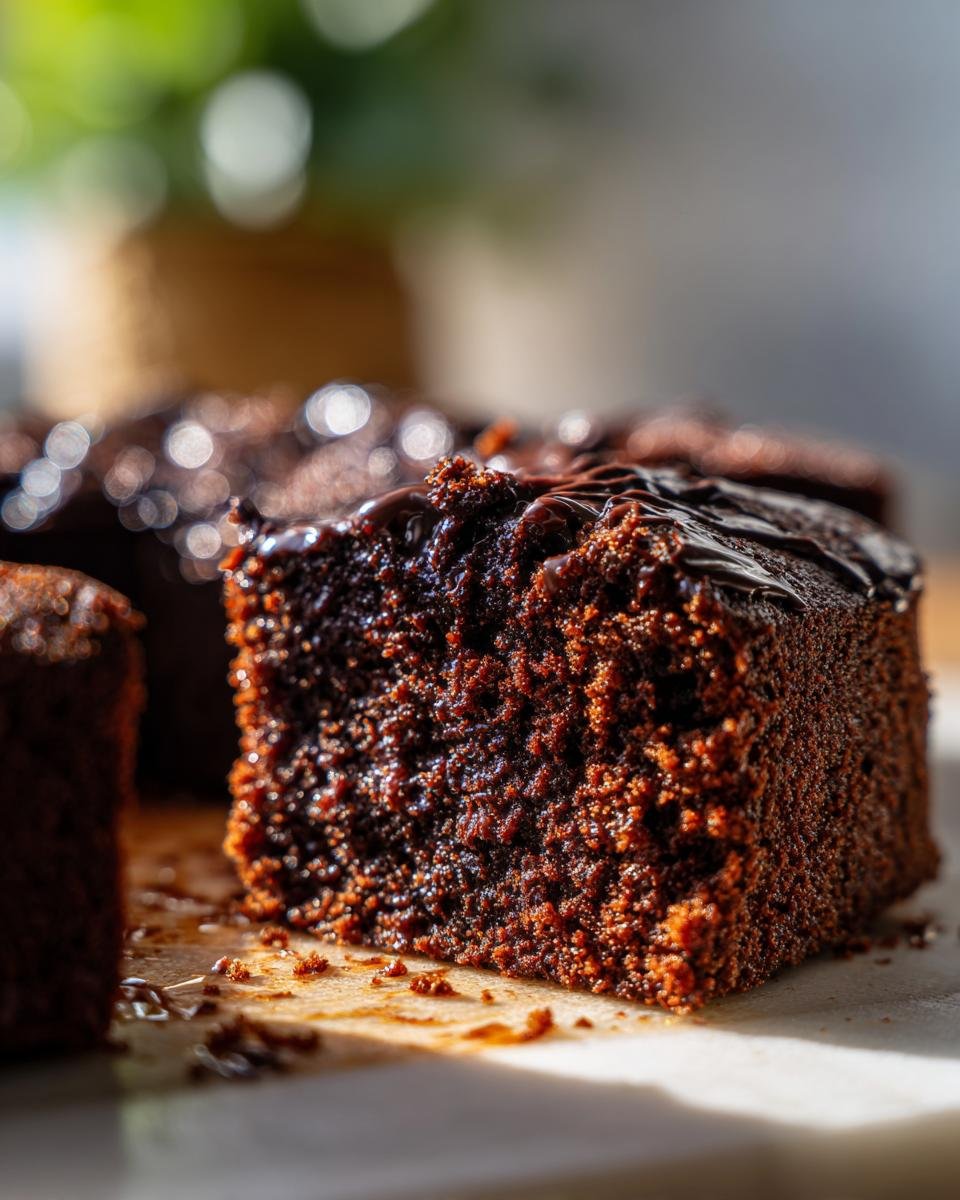 Naheinstellung eines St&uuml;cks dekadenten Schokoladenpuddingkuchens mit glasiertem Topping und Kr&uuml;meln.