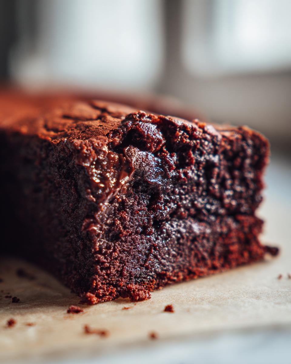 Nahaufnahme eines St&uuml;cks dekadenten Schokoladenpuddingkuchens, das auf Backpapier liegt.