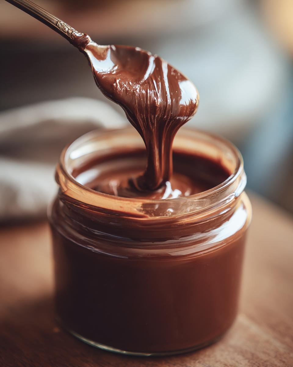 Ein L&ouml;ffel mit cremiger, selbstgemachter Nutella wird aus einem Glas gehoben.