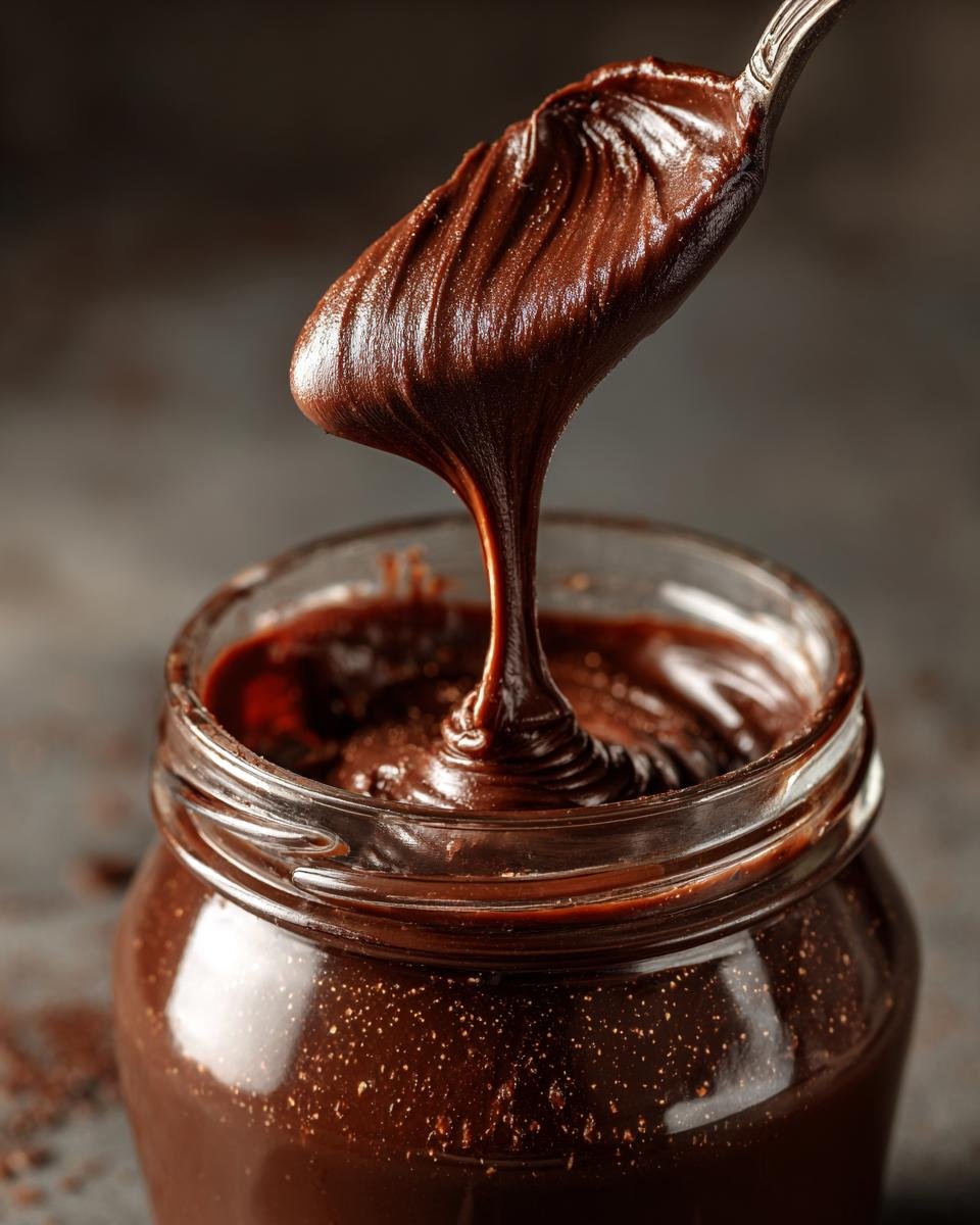 Ein L&ouml;ffel mit cremiger, gl&auml;nzender, selbstgemachter Nutella, die &uuml;ber einem Glas mit der k&ouml;stlichen Nuss-Schokoladen-Creme tropft.