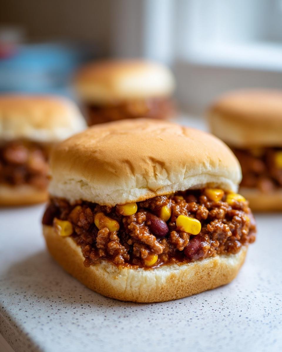 Ein saftiges Cowboy Sandwich mit Hackfleisch, Bohnen und Mais auf einem Br&ouml;tchen, zubereitet im Slow Cooker.
