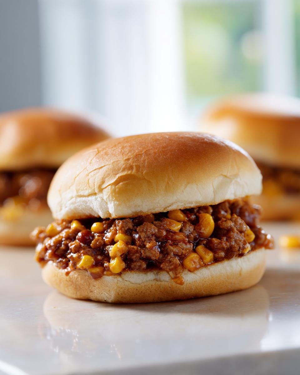 Nahaufnahme von einem Slow Cooker Cowboy Sandwich mit Hackfleischf&uuml;llung und Mais auf einem Br&ouml;tchen.