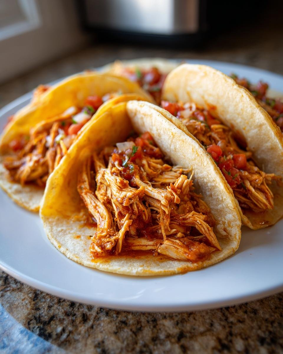 Drei saftige Slow Cooker Hähnchen-Tacos mit Salsa auf einem weißen Teller, bereit zum Servieren.