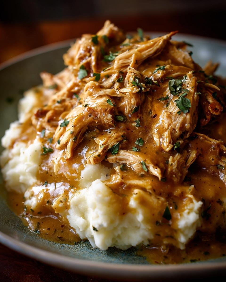 Nahaufnahme von zartem Slow Cooker H&auml;hnchen mit reichhaltiger So&szlig;e &uuml;ber cremigem Kartoffelp&uuml;ree, garniert mit Petersilie.