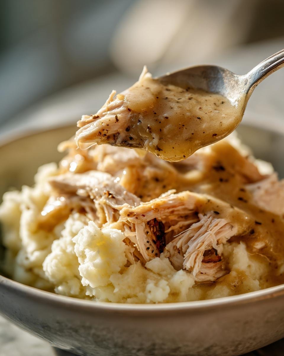 L&ouml;ffel mit zartem Slow Cooker H&auml;hnchen und So&szlig;e, serviert &uuml;ber cremigem Kartoffelp&uuml;ree.