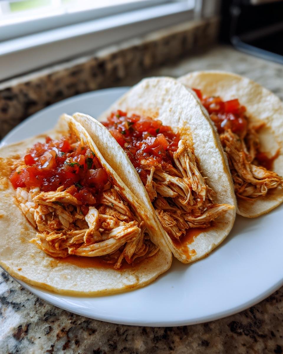 Drei Slow Cooker Hähnchen Tacos auf einem Teller mit Salsa, gefüllt mit zartem, zerrupftem Hähnchenfleisch.