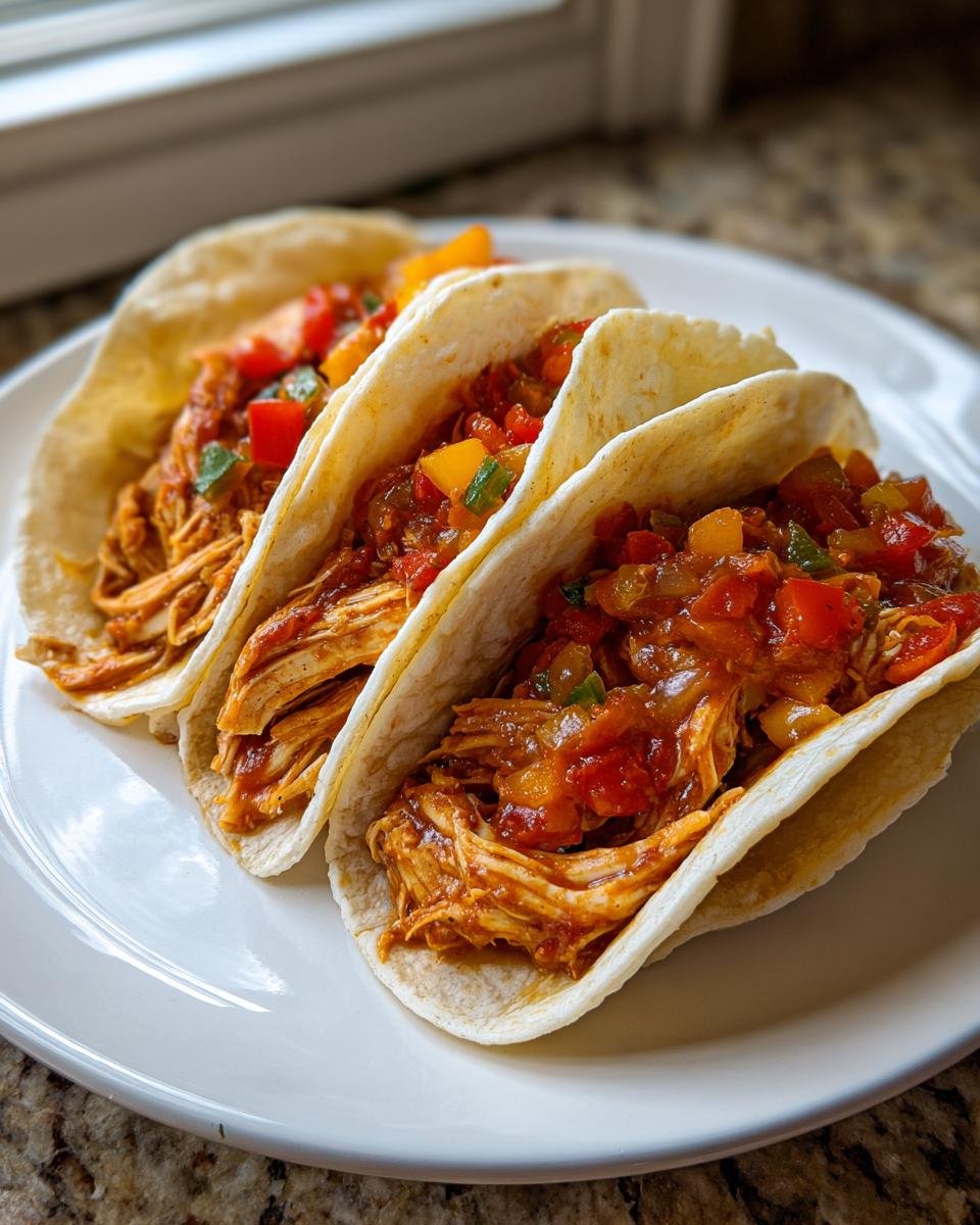 Drei Slow Cooker Hähnchen Tacos gefüllt mit zartem Hähnchenfleisch und Gemüse auf einem weißen Teller.
