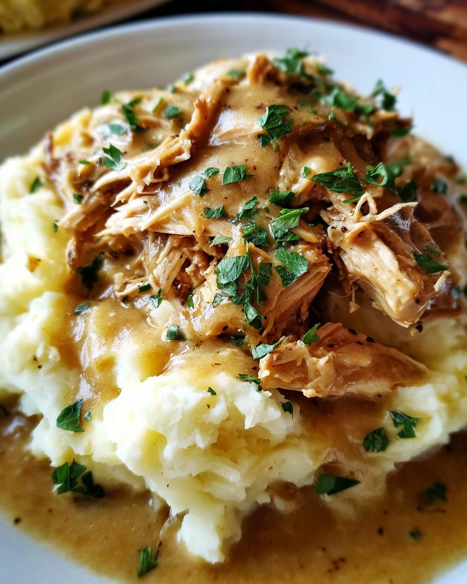 Nahaufnahme von Slow Cooker H&auml;hnchen und So&szlig;e &uuml;ber cremigem Kartoffelp&uuml;ree, garniert mit Petersilie.