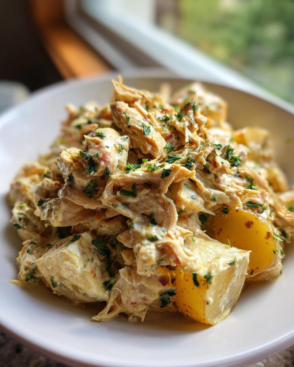 Nahaufnahme von Slow Cooker Ranch Chicken and Potatoes in einer Sch&uuml;ssel, garniert mit Petersilie.