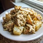 Close-up of Slow Cooker Ranch Chicken and Potatoes on a white plate, showing shredded chicken and potato chunks in a creamy sauce.