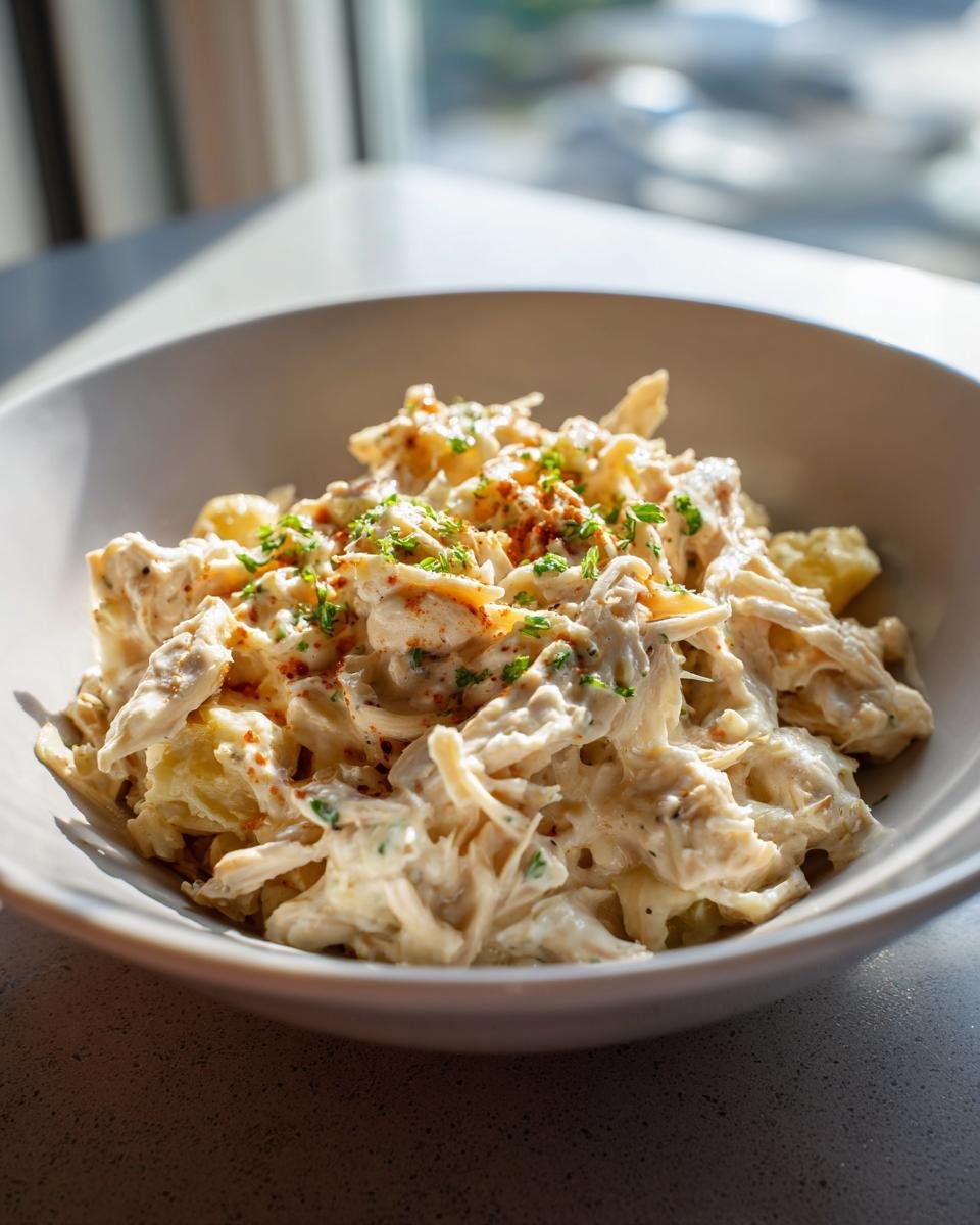 Sch&uuml;ssel mit cremigem Slow Cooker Ranch Chicken und Kartoffeln, garniert mit Petersilie und Paprikapulver.