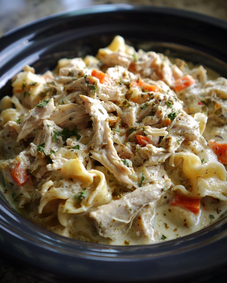 Nahaufnahme von Slow Cooker Ranch Chicken mit Kartoffeln und Nudeln in cremiger Sauce, garniert mit Petersilie.