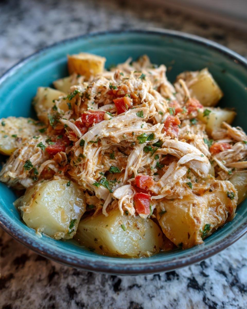 Sch&uuml;ssel mit zerkleinertem Slow Cooker Ranch Chicken und Kartoffeln, garniert mit Petersilie.