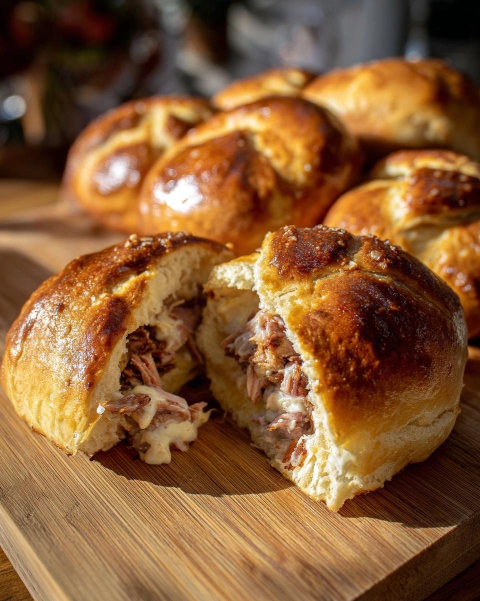 Durchgeschnittene Smoked Brisket & Beer Cheese Pretzel Bombs mit saftiger F&uuml;llung auf einem Holzbrett.