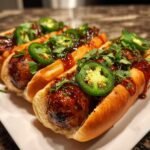 Drei w&uuml;rzige Firecracker Hot Dogs mit Jalape&ntilde;os und Koriander, serviert in Br&ouml;tchen.