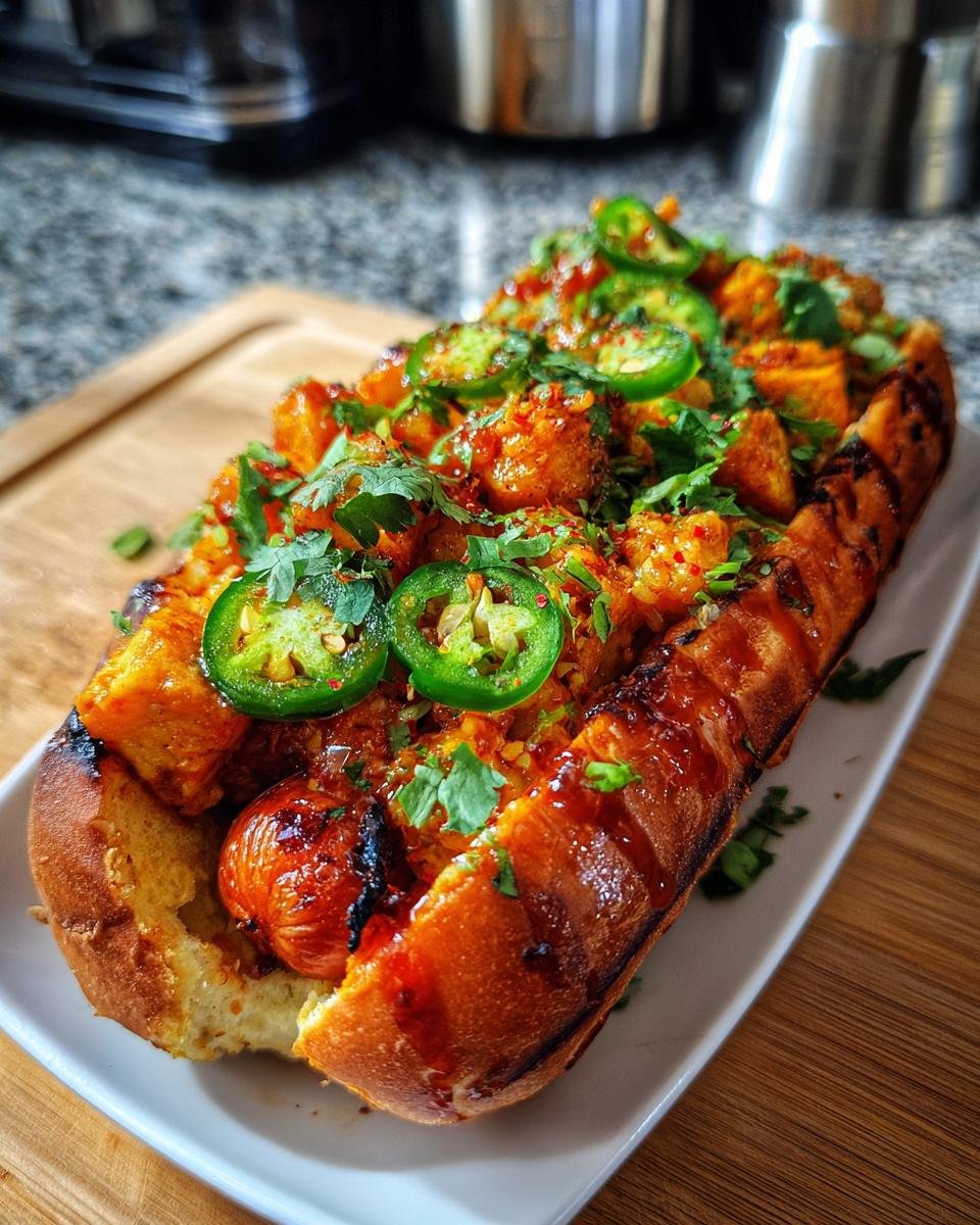 Nahaufnahme eines Hot Dogs mit w&uuml;rziger Firecracker-Sauce, Jalape&ntilde;o-Scheiben und Koriander.