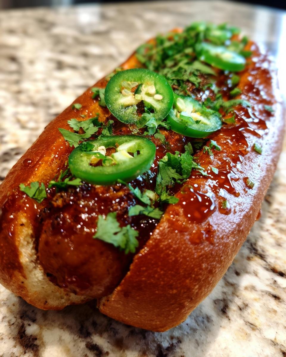 Nahaufnahme eines scharfen Firecracker Hot Dogs in einem Br&ouml;tchen, garniert mit Jalape&ntilde;o-Scheiben und Koriander.