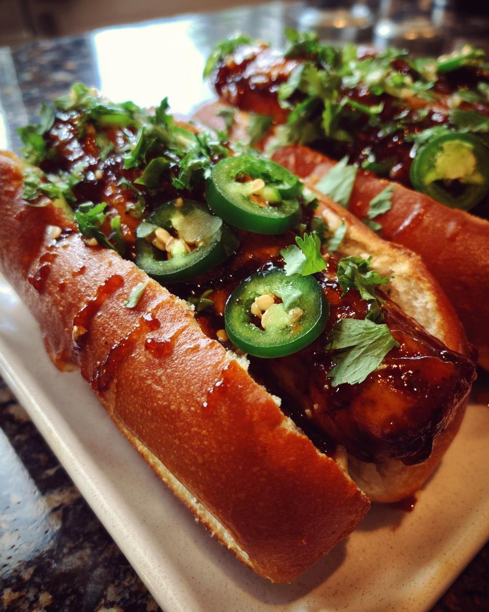 Nahaufnahme von scharfen Firecracker Hot Dogs in Br&ouml;tchen, belegt mit Jalape&ntilde;os und Koriander.